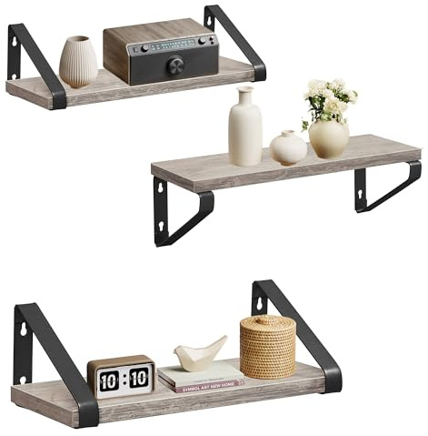 VASAGLE Wandregal, 3er Set, Schweberegal, 2 Montagemöglichkeiten | Regalbrett, Regal zur Präsentation, heather greige-tintenschwarz, COLEX Kollektion LWS033B02