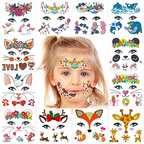 Qpout Tiere Gesicht Tattoos für Kinder - 12 Blatt Temporäre Tesichtstattoos für Party, Meerjungfrau Einhorn Delfin Panda Kaninchen Fuchs Maus Giraffe