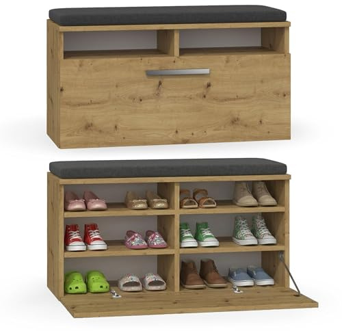 CDF Schuhschrank mit Sitzbank Sitzkissen Flurbank Schuhkommode Garderobenbank mit Kipptür 6 Fächer Flurmöbel modern Aufbewahrung Truhe für Flur Diele 85 x 35 x 46 cm - Eiche Artisan | Sitzfläche mit Kissen, Flügeltür, geschlossene Aufbewahrung, Möbel für Halle, täglicher Gebrauch, für Haus und Wohnung