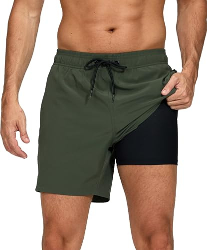 outfit spring Bañador Hombre Secado Rápido con Bolsillo, Pantalones Cortos de Natación 2 en 1 con Forro de Compresión, Bañadores Deportivos para Playa, Piscina y Entrenamiento, C0 Verde Militar, XL