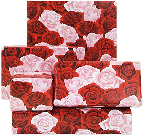 Rosen Geschenkpapier - 4 Rote und Rosa Blumen pro Blatt, gefaltet, 50 x 70 cm für Brautparty, Hochzeit, Muttertag, Geburtstag, Frauen und Liebhaber