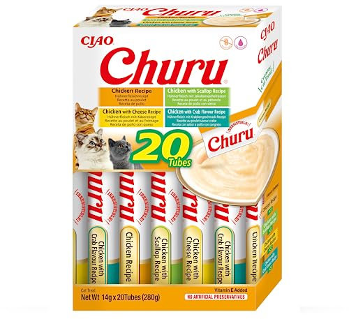 INABA Churu Katzen Leckerlies Einzelzutat mit Huhn, Getreidefrei, Zuckerfrei, Kalorienarm, 100% natürliches Fleisch, Creamy Leckerli Katze, Keine Nebenerzeugnisse Premium Cat Treats 20 x 14g