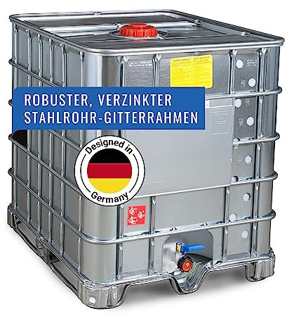 DENIOS® IBC Container 1000L Neuware - Premium Stahlummantellung, Ex-Ausführung- Behälter, Wassertank, Container Regentonne Regenwassertank mit Stahlrahmenpalette
