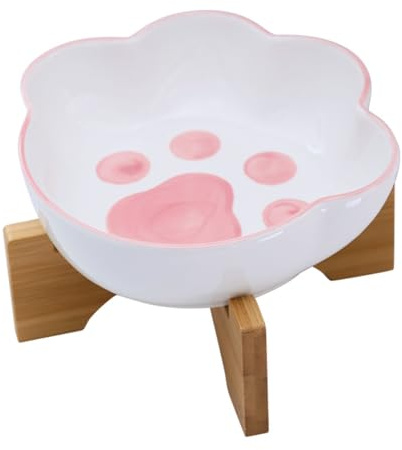 fanquare Rosa Futternapf Katze Fressnapf mit Napf Ständer Holz, Futterschüssel Katze in Form Einer Katzenpfote,Wasser Fütterung Schüssel