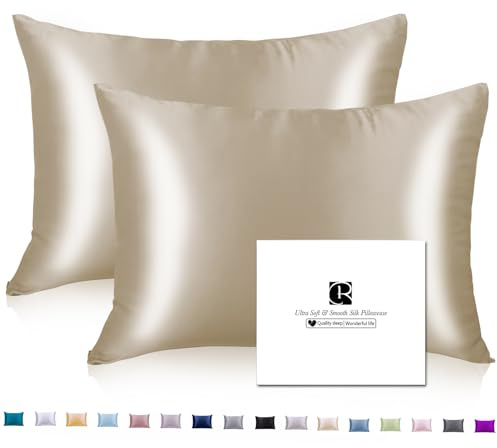 2er Set Seidenkissenbezug 40x80, Ravmix Kissenbezüge aus Seide, für Haar und Haut, mit verstecktem Reißverschluss, beide Seiten Seide, Maulbeerseide Kopfkissenbezug 40x80, 2 Stück, Taupe