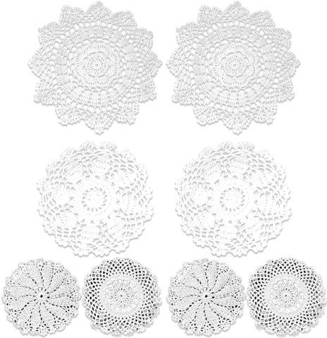 KHIRY 8 Stück Runde Bestickte Tischmatte, Handarbeit Geklöppelt, Spitzendeckchen Häkeldeckchen, Spitzendeckchen Baumwolle,Weiße Spitze Runde Stickerei Tisch Tischse