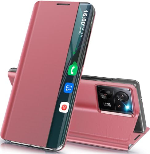 Qissy Handyhülle für Xiaomi 13T Pro 5G - Dünn Spiegel Flip Leder Hard PC Stoßfest Case Cover mit Ständer, Klappbar, Clear View (Rosa)