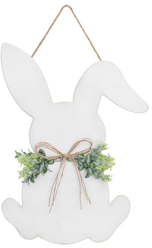 YoleShy Easter Decoration Door Wreath for Front Door Wall Decor - Wooden Easter Bunny Hanger Sign with Bow for Rustic Spring Party Home, 16.1 x 11.81 Inch