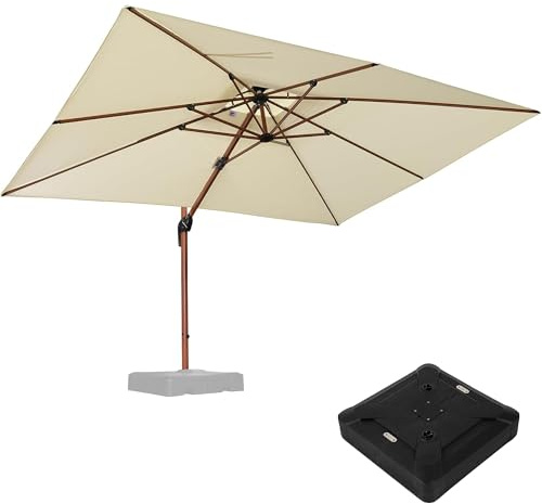 PURPLE LEAF 270 × 365 cm Holzoptik Ampelschirm mit Ständer Doppeldach Cream | Stabiler Alurahmen & Standrohr, 6-fach Verstellbar, 360° Drehbar, 240 g/m² UV50+ Garngefärbt, Leichte Anpassung, Terrasse