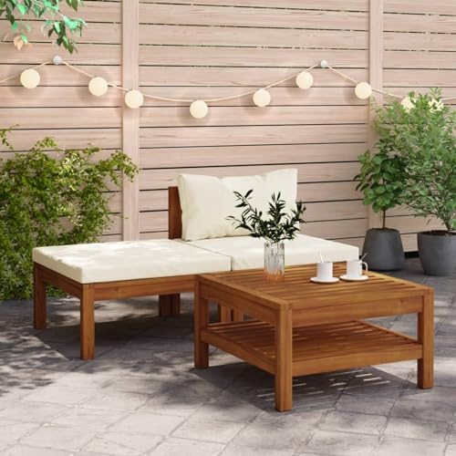 Blukee 3-TLG. Balkon Lounge Klein mit Cremeweißen Kissen Akazienholz Terrassenmöbel Set Gartenlounge Outdoor Balkonlounge Garden Furniture Sets Balkonsofa Gartensofa Balkon Sitzgruppe