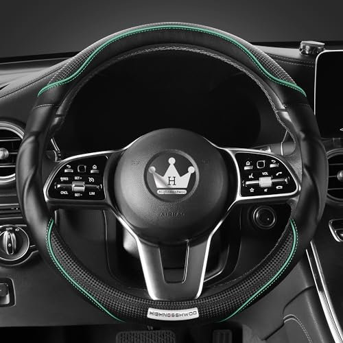 HighnessHwoo 3D Car Steering Wheel Cover Comfort Grip Massage Sporty Anti-Slip Carbon Fiber Faux Leather for Sedan Suv, Universal Fit, Car Handle Covers for All Seasons, 37-38cm, Green