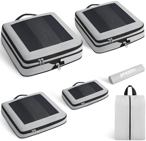 Prezon Cubi da viaggio compressibili, design apribile e visibile, set di 6 organizer espandibili con sacca biancheria e scarpe. Per bagagli a mano, vacanze, campeggio e lavoro, Peltro