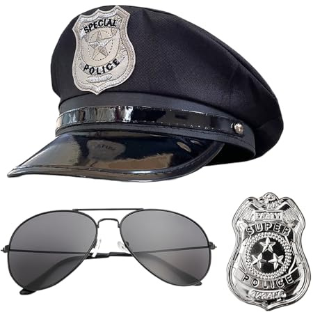 Bohue 3 Stück Polizei Verkleidung Set Polizei Hut Sonnenbrille Abzeichen Polizist Kostüm Zubehör Halloween Verkleidung für Männer Frauen