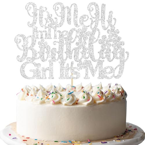 Ephlyn 1Pc It's Me Hi I'm the Birthday Girl It's Me Cake Topper Funny Birthday Cake Decoration for Girls Birthday Party Hip Hop Singer Birthday Party Decorations Silver