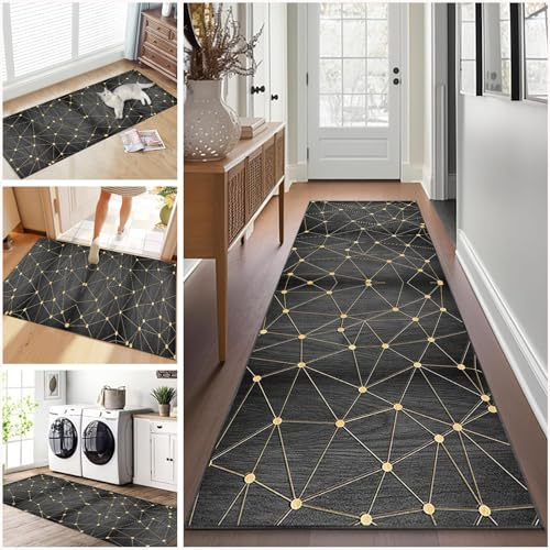 Teppich läufer Flur rutschfest Küchenteppich Waschbar 80 x 400 cm Korridor Teppich Lang Fußmatte Flurteppich Modern Küchenläufer Läufer für Eingang Flur Küche Bettvorleger Schlafzimmer Wohnzimmer