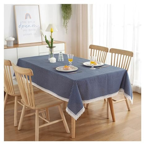 Tablecloth Marineblau, Baumwollpolyester Tischdecke Abwaschbar Weißer Punkt Mit Spitze Tablecloth Rechteck 140x300CM