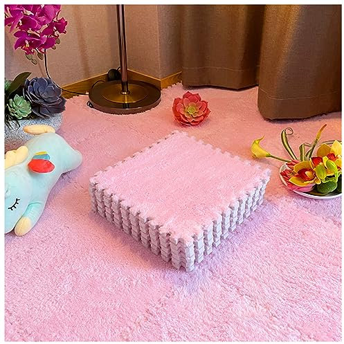 Kanduo Plüsch-Schaumstoff-Fußmatten Quadratische ineinandergreifende Teppichfliesen, Flauschige ineinandergreifende Schaumstoff-Fußmatten, rutschfeste Puzzle-Teppiche Rutschfester Teppich(Pink,12pcs)