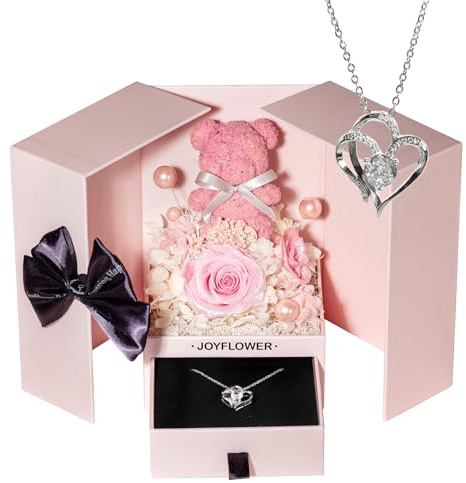 JoyFlower förreservade blommor med halsband, Herzanhänger-Halskette, Hjärthänge halsband