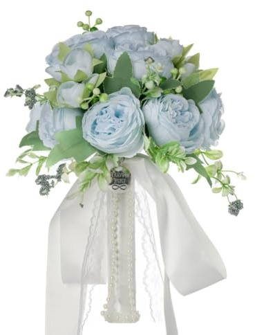 Wisafory Brautstrauß Hochzeitsstrauß Hochzeit Brautstrauss mit Perlen Vintage Brautschmuck Seidenblumen Künstliche Rosenstrauß Bouquet Brautjungfer Schöner Künstlich Blume für Hochzeit Hellblau