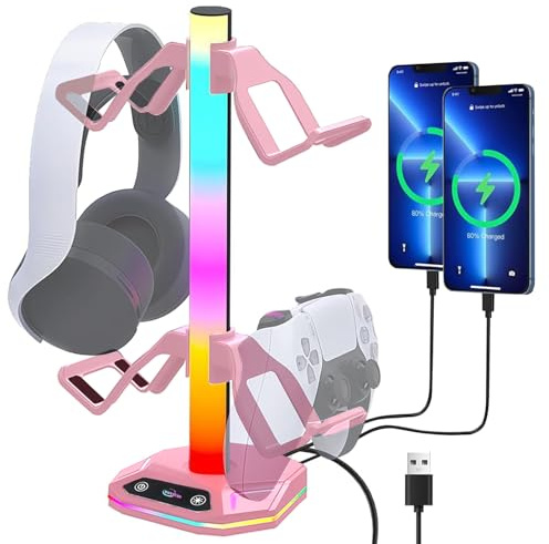 auvstar RGB Headset Holder with Weighted Base, Headphone Holder, Gaming Headset Holder with USB Type-C Chargers and Data Transfer, Suitable for Headphones and Handles (Pink)