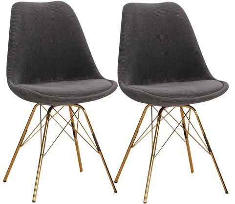Esszimmerstuhl 2er Set Cara-Stoff Anthrazit Küchenstuhl mit goldenen Beinen | Cord-Schalenstuhl Skandinavisches Design | Polsterstuhl mit Stoffbezug | Stuhl Gepolstert