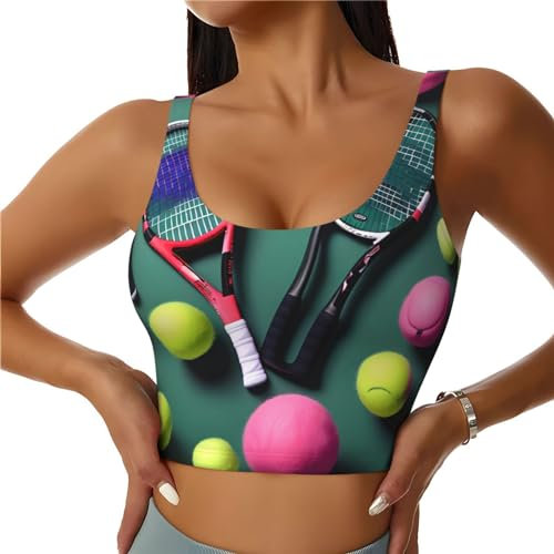 SABFWF Lustige Tennisschläger und Tennisbälle, bedruckt, Yoga-BHs, hohe Schlagunterstützung, langes Design, für Fitness, Laufen und mehr, Schwarz , XXL