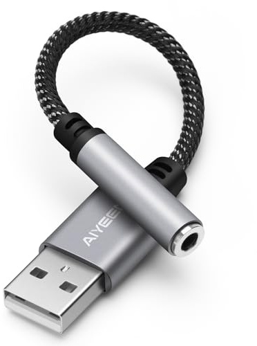 AIYEEN Câble Adaptateur Audio USB vers Prise Jack 3,5 mm, convertisseur stéréo USB mâle vers Prise auxiliaire 15 cm avec Puce Haute résolution pour Casque, Haut-parleurs, AUX de Voiture (Gris)