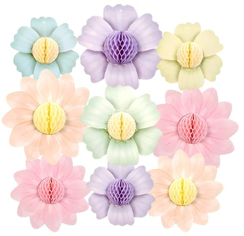 HMCEY 9 Piezas Flores de Papel Decoracion,Guirnalda de Flores de Papel Honeycomb,Abanicos de Papels,Flore de Papels para Fiesta,Flore Decorativas Cumpleaños,Guirnalda Colgante Decoración para Bodas
