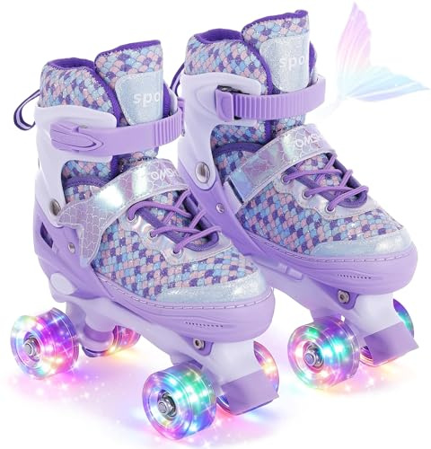 TOMSHOO Roller Skates for Girls Kids Roller Skates 4 Sizes Adjustable With 8 Light Up Wheels Children's Quad Skates for Birthday Gifts (Mermaid Purple, Medium(UK 1-3))