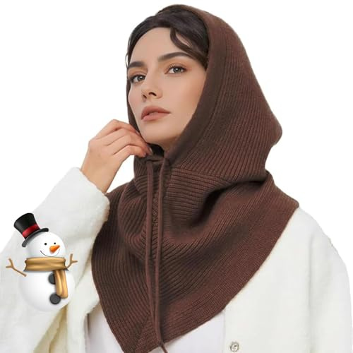 Winter-Sturmhaube, Hoodie, Schal für Damen, 2-in-1, Kapuzenschal, warm, Strickmütze, Halswärmer, Set mit Kordelzug, kaffeebraun, Einheitsgröße