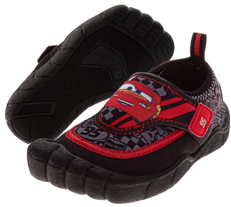 Boys Cars Lightning McQueen Water Shoes Disney Pixar Slip-On Aqua Socks Quick Dry Beach Pool Swim Shoes- Black Red Size 11-12 Toddler