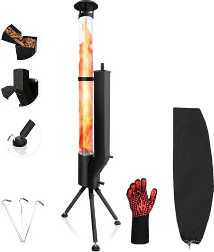 Holzpelletofen für den Außenbereich, 160 cm, mit Safe-Guard-Kit (Handschuh, Abdeckung, Erdspieße), rauchfreie Spiralflamme, Terrassenstrahler mit Schnelllöschbarriere für Hinterhof, Garten, Terrasse