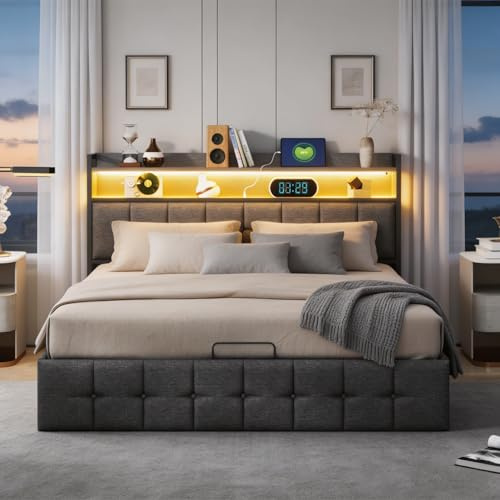 BRILVERDE Polsterbett 140x200 mit Stauraum unter dem Bett, Doppelbett mit LED/USB, Jugendbett mit Kopfteil, Stauraumbett, Bettgestell mit Lattenrost, Leinen(Grau, 140 x 200 cm)