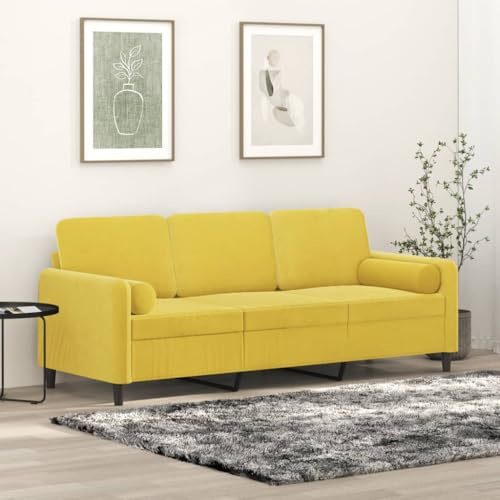 SKTQYQO Modernes 3-Sitzer-Sofa aus gelbem Samt 180 cm mit dekorativen Kissen, stabiler Metallrahmen und abnehmbarem Bezug für Wohnzimmer Dieses Dreisitzer-Sofa
