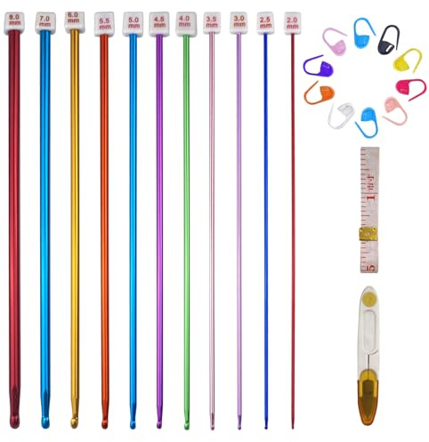 Chiluxendo 11 Pezzi Uncinetto Tunisino, 2mm-8mm Professionali Ferri da Maglia, Set Uncinetti in Alluminio Colorati, Lunghe Crochet Hook Kit con 10 Marcatori di Punto, per Vari Progetti di Maglieria