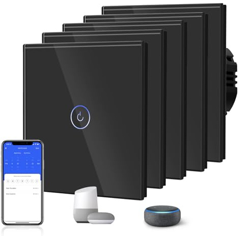 BSEED Smart Light Switch,WiFi Touch Glass Switch for 2.4G Network,Alexa Switches with LED Indicator,Control by SmartLife APP,Neutral Wire Required,1 Gang(5 Pack)-Need Neutral,86mm Black