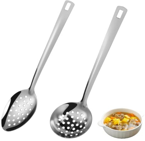 MUNTE 2 Pièces Ecumoire Cuisine Inox, Écumoire Ajourée en Acier Inoxydable, Cuillère à Écumoire avec Petit Trou de Suspension, Adapté pour L'égouttage, La Cuisson et La Friture