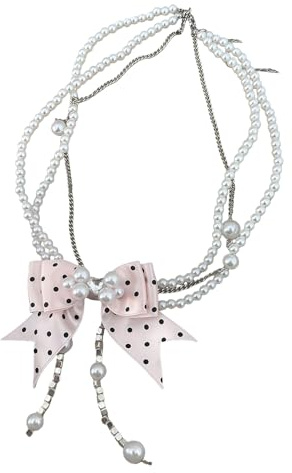 Générique Collier de perles avec nœud papillon à pois rose doux pour femmes, ras de cou élégant, chaîne de clavicule, bijoux à la mode, danse folklorique rose, collier à pois