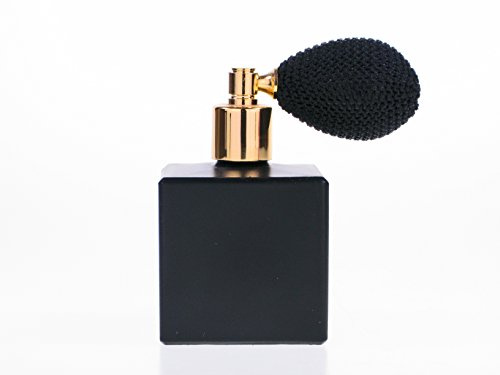 50ml Matt Black Essential Cube Fragrance Perfume and Aftershave Atomizer with Black Bulb Sprayer and Gold Finish. Includes Funnel