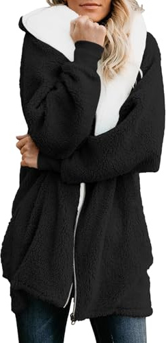 ReachMe Womens Fleece Zip Up Jacket with Pockets Oversized Long Sherpa Hoodie Fuzzy Jackets Warm Teddy Coat(02 Black,L)