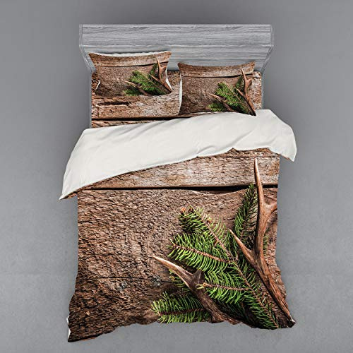 Ambesonne Antlers Duvet Cover Set, Evergreen Branch with Deer Antler Against Rustic Wooden Background Print, 4 Piece Bedding Set with Shams and Fitted Sheet, Queen Size, Fern Green Umber