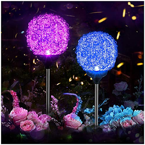 MMHF Solar Garden Lights Outdoor, Upgraded Globe Powered Garden Light, Multi-Color Changing LED Solar Stake Lights for Patio Backyard Pathway Party Decoration (Stainless Steel, 2 Pack)