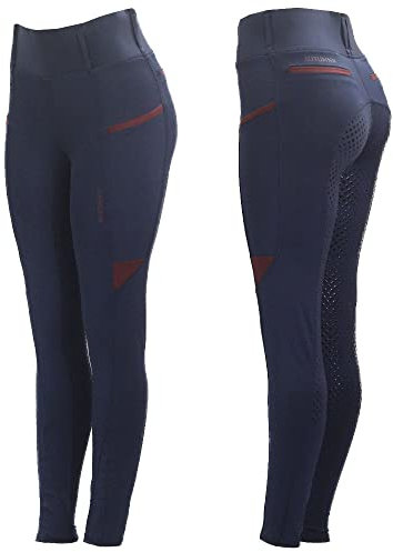Astile Equestrian Legacy Riding Tights Technical Fabric With Silicon Seat And Front Zip Phone Pocket Navy Burgundy (UK 8 (26 Inch))