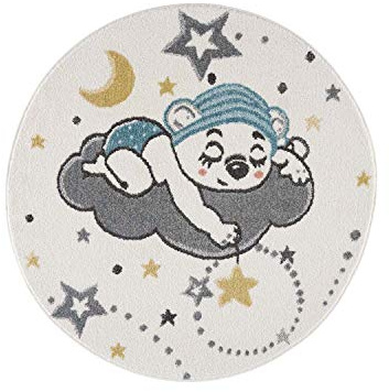 carpet city Kinderteppich Kinderzimmer Creme - 120 cm Rund - Nachthimmel Sterne Mond - Kinderzimmerteppiche Mädchen Jungen - Babyzimmer-Teppich - Spielteppich