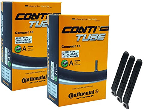 pneugo! Set 2 x Continental Fahrradschlauch 16 Zoll Autoventil 32-349/47-305 (Compact) + 3 Reifenheber