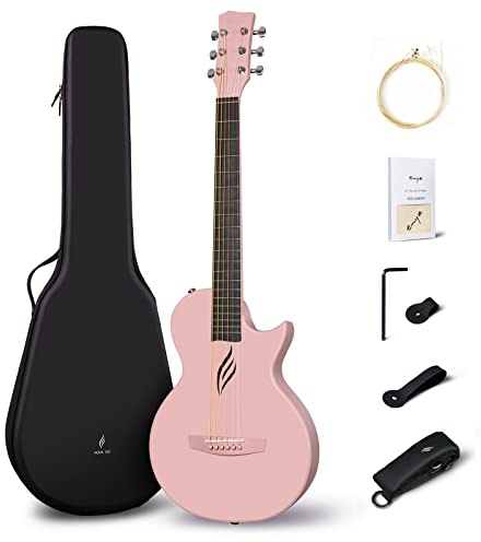 Enya Nova Go Akustikgitarre aus Kohlefaser 1/2-Größe (Rosa) | Anfänger-Set Gitarre für Erwachsene, Anfänger, Reisengitarre mit Gitarrengurt, Ersatzsaiten