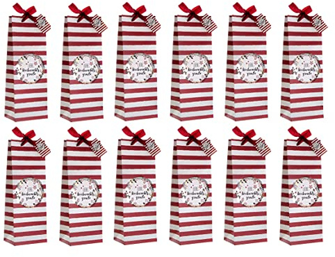 Flaschentüte in rot weiß - 12er Set - mit Namenskarte und breitem Trageband - Geschenktasche Weihnachten Nikolaus für Wein Sekt Punsch