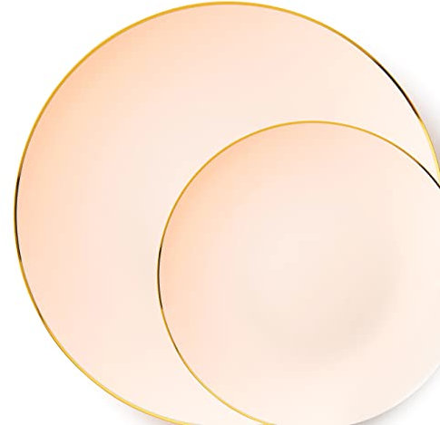 Decor Decorline - Set Piatti Plastica Rigida Riutilizzabili da 32 pezzi/per 16 persone - Classic Combo - Rosa con Bordo Oro - Piatti dessert & Piatti pranzo - 2 misure (16 x 26 cm, 16 x 19 cm)