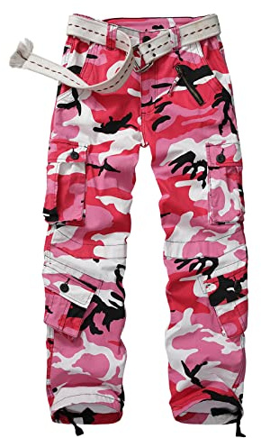 Raroauf Women's Camo Cargo Pants Casual Military Combat Work Trousers Camouflage Capri Pants with 8 Pockets Pink Size 8