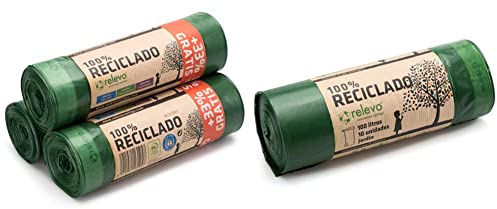 Relevo 100% Reciclado Bolsas de Basura, extra resistentes 30 L, 60 bolsas + 100% Reciclado Bolsas de Basura, extra resistentes 100 L, 10 bolsas